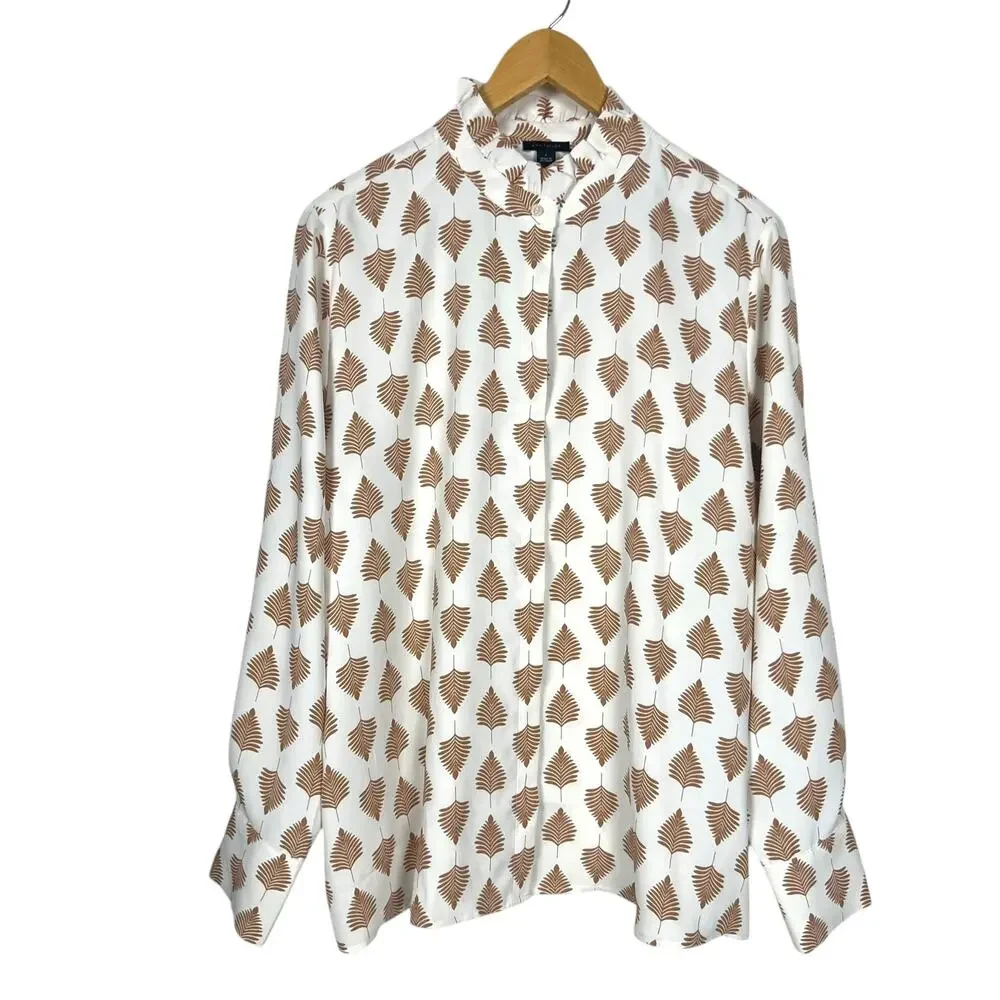 Ann Taylor Women's Size L Ruffle Neck Button-Up Top Blousy Relaxed Fit Career